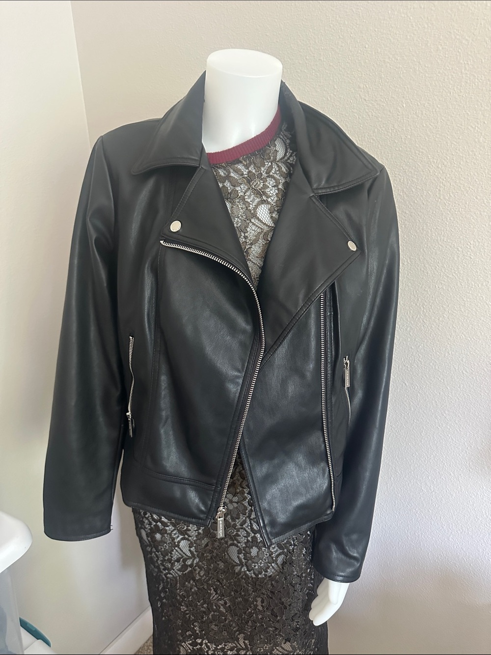 Michael Kors Black Faux Leather Asymmetric Biker Jacket